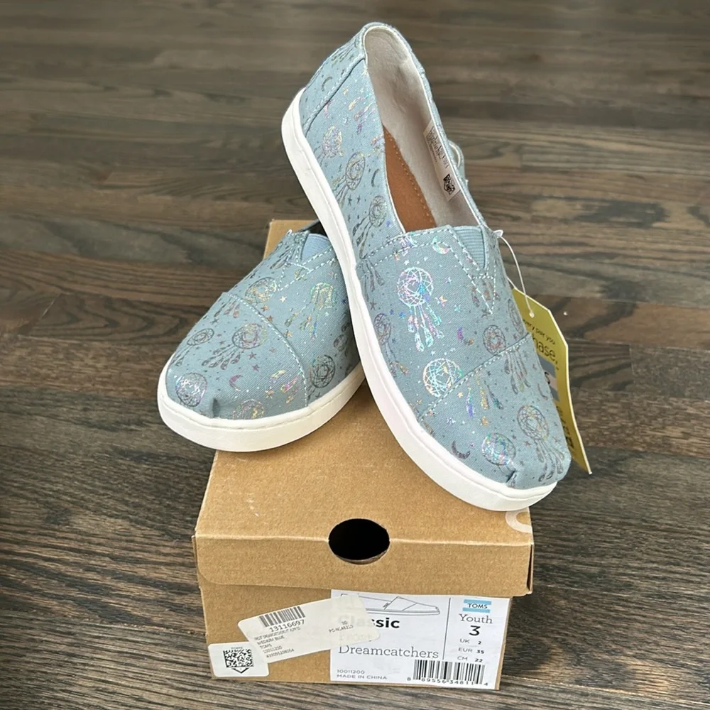TOMS Bimini Peony Slubby Metallic Pink YOUTH 3 Girls Glam/Shimmery/ Glitter Boat